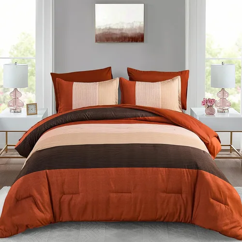 Vista 13 de Anibedding - Juego de 7 piezas cama en una bolsa, edredón negro y gris tamaño full, juego de edredón de microfibra a rayas ligeras para dormitorio