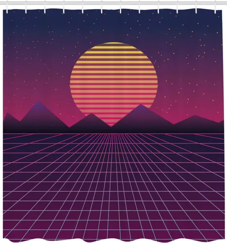 Vista 2 de Ambesonne Synthwave Shower Curtain, Striped Sun with Triangular Mountains Retro Checkered Ground Artwork, Cloth Fabric Bathroom Decor Set with