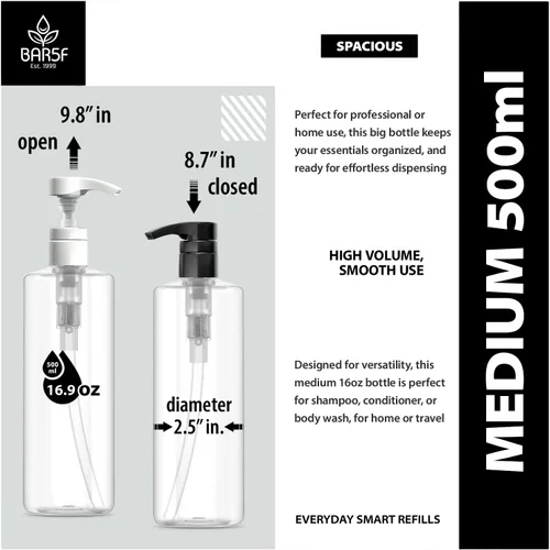 Vista 2 de Bar5F Botellas de loción de plástico con bombas en blanco y negro, 16 onzas, a prueba de fugas, cilindro transparente vacío, recargable, sin BPA