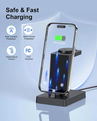 Vista 5 de Estación de carga rápida 3 en 1 de 30 W para dispositivos Apple, soporte de cargador USB C ADADPU para iPhone 17 16 15 Pro Max Plus y AirPods 4