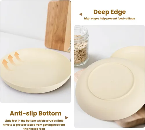 Vista 7 de Juego de 8 Platos Hondos para Cena, Plato de Paja de Trigo de 9 Pulgadas, Plato de Plástico Ligero e Irrompible Reutilizable, Apto para Microondas