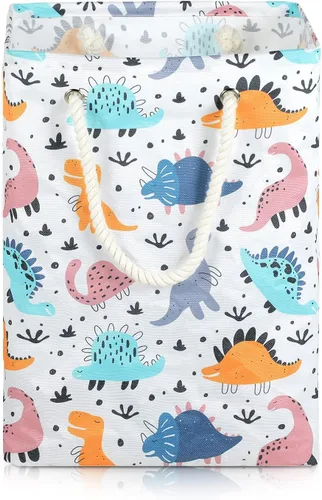 Vista 7 de Cesta de lavandería de dinosaurios, 78 L, grande, plegable, alta, impermeable, bolsa de ropa sucia con cuerdas de algodón, asas de almacenamiento