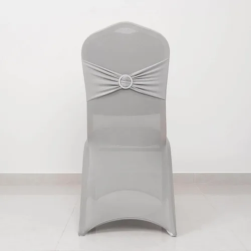 Vista 53 de Efavormart - Funda para silla de banquete de elastano beige con banda de hebilla de diamantes de imitación plateados, funda elástica para silla