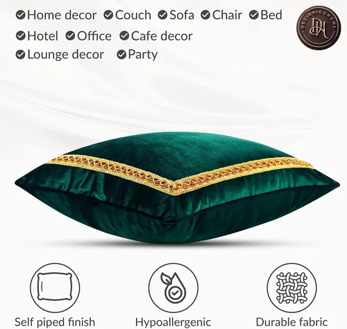 Vista 5 de Fundas de almohada decorativas de terciopelo para sofá, cama, silla, diseño de patrón bordado, verde esmeralda, paquete de 2, 18 x 18 pulgadas