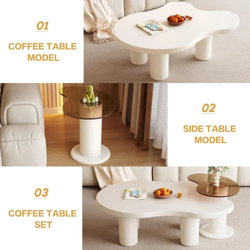 Vista 5 de Guyii Juego de 2 mesas de centro de nube blanca, juego de 2 mesas auxiliares, moderna mesa de sala con mesa auxiliar para sala de estar