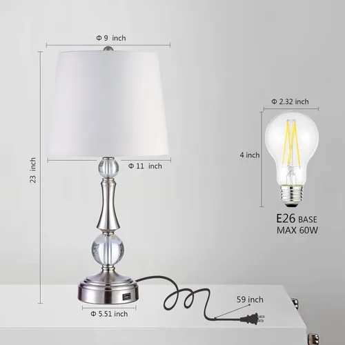 Vista 5 de Juego de 2 lámparas de mesa modernas de cristal con control táctil, lámpara de mesita de noche regulable de 3 vías con puerto USB, lámpara