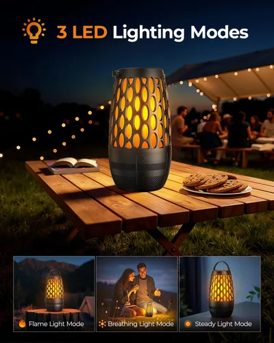 Vista 5 de Altavoces para exteriores Bluetooth impermeables IPX6 con luces de llama, regalos gadget para papá, ella, él, sonido estéreo HD, BT 5.3