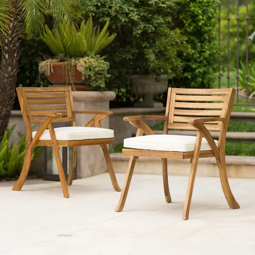 Vista 3 de Christopher Knight Home Hermosa Outdoor Acacia Wood Arm Chairs, 2-Pcs Set, Teak Finish / Cream