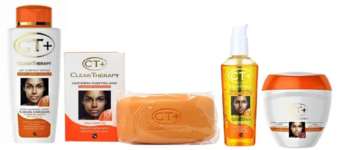 CT+ Clear Therapy Crema Aclarante Extra para la Piel 6.76 oz y Loción 8.45 oz y Jabón 6.17 oz y Suero 2.37 oz y Liner101 LPS40 Lápiz y Muestra de