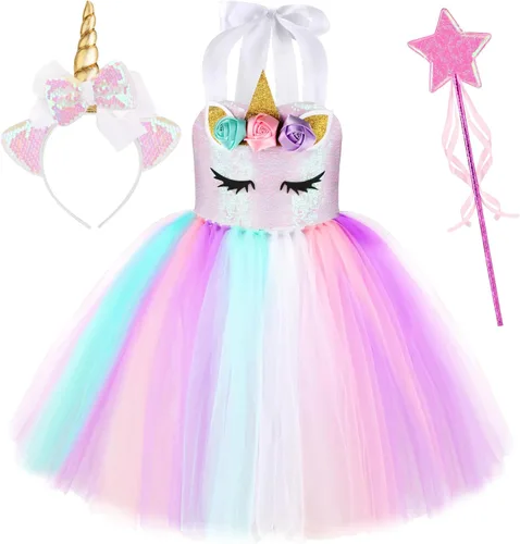 GIFTINBOX Vestido de princesa de unicornio para niñas, disfraz de unicornio para niñas de 3 a 8 años, disfraces de Halloween para niñas pequeñas,