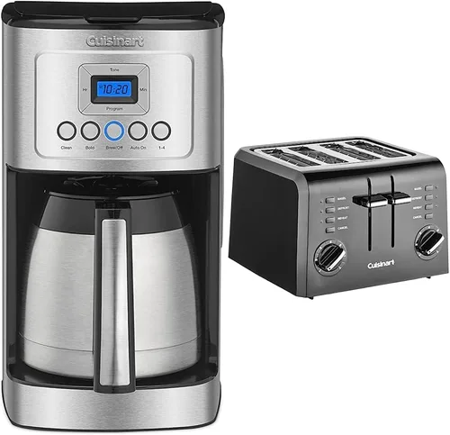 Cuisinart Cafetera, 12 tazas programable de goteo con jarra, acero inoxidable, DCC-3400P1 y CPT-142BK tostadora compacta de plástico de 4 rebanadas,