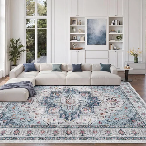 Vista 108 de zesthome Alfombras de área de 5 x 7, lavables a máquina, para sala de estar, dormitorio, resistentes a las manchas, vintage, de gran área, Beige