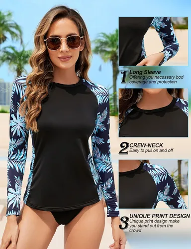 Vista 4 de Zamowoty Traje de baño de manga larga para mujer, estampado de protección solar UV, para surf, esnórquel, pesca
