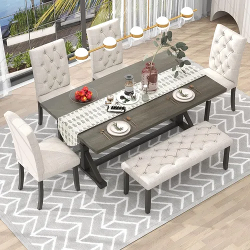 Vista 9 de Merax Juego de 6 piezas de comedor de 60 pulgadas para el hogar, cocina, comedor, juego de mesa rectangular con 4 sillas tapizadas y un banco, juego