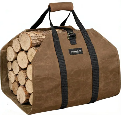 Vista 8 de Amagabeli - Bolsa de transporte de leña encerada, bolsa de transporte resistente para chimenea de leña grande con asas para camping, soporte