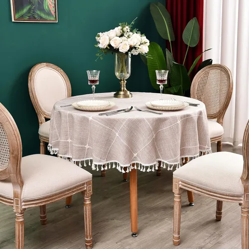 Vista 3 de Mantel redondo a cuadros de 36 pulgadas de algodón y lino, mantel redondo grueso, cubierta para mesa de café para casa de campo, cocina, comedor