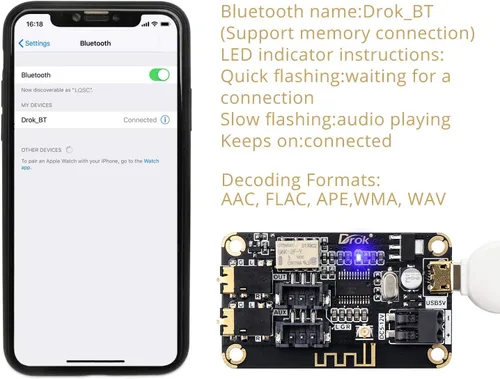 Vista 4 de DROK Placa de Bluetooth, Receptor de Audio de 12V, Módulo de Bluetooth DC 5V-12V, Electrónica Portátil, Circuito de Recepción de Música Estéreo