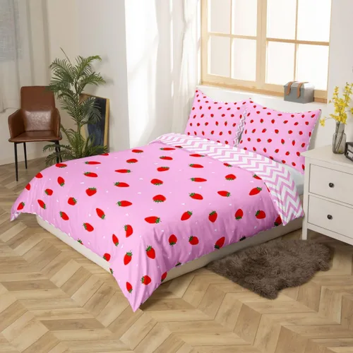 Vista 2 de Erosebridal - Juego de ropa de cama kawaii, juego de funda de edredón con diseño de fresa rosa, para mujeres, niñas y niños, decoración de A-rosa