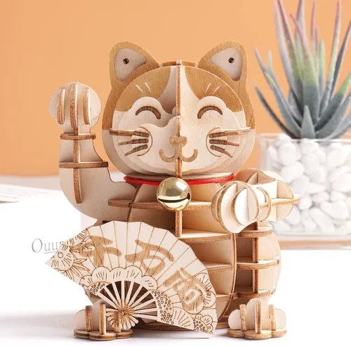 Vista 2 de Rolife - Rompecabezas 3D de madera, kit de modelo de manualidades de gato de la suerte para bricolaje, regalo de madera para adolescentes y adultos
