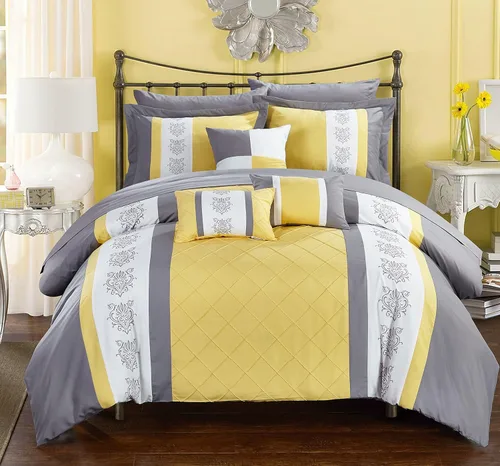 Vista 19 de Juego de ropa de cama de 10 piezas Chic Home con edredón con cierre fruncido, para cama king, todo en una bolsa, Microfibra, gris, gemelo