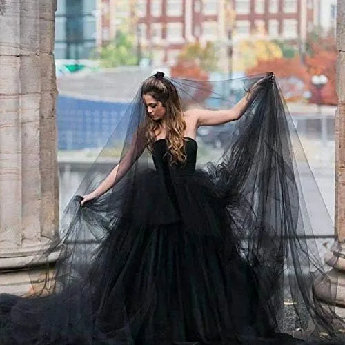 Vista 7 de Velo largo negro de tul para novia, boda, catedral, diadema de velo de Halloween para mujeres y niñas