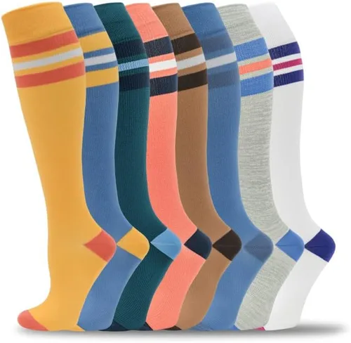 fenglaoda 8 pares de calcetines de compresión para hombres y mujeres de 20 a 30 mmHg hasta la rodilla, enfermera, embarazada, correr, médico y de