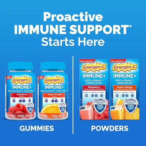 Vista 5 de Emergen-C Immune+ Triple Action Immune Support Gummies, BetaVia (R), 1000mg Vitamin C, B Vitamins, Vitamin D and Antioxidants, Raspberry – 45 Count