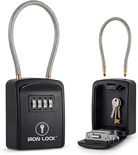 Vista 14 de Iron Lock Caja de bloqueo de llave portátil con grillete de cable y montaje en pared, caja de metal resistente al agua para llaves con código