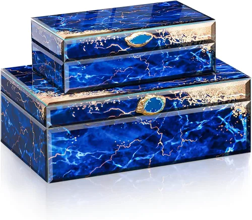 Homde Caja de almacenamiento decorativa de cristal: juego de 2 cajas para decoración del hogar, organizador grande con tapas para decoraciones