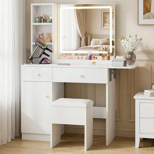 FUXA Escritorio de tocador con espejo iluminado LED y toma de corriente, mesa de tocador de maquillaje con cajones de almacenamiento, armario y