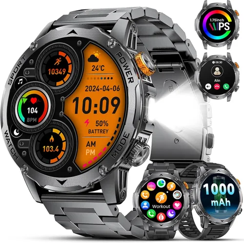 Military Smart Watches for Men-50 Days Battery/Flashlight/3 Straps,1.75'' IPS HD Display Fitness Watch,IP68 Waterproof Fitness Tracker with Heart