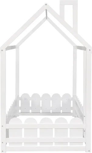 Vista 7 de Bellemave Camas de casa para niños, cama de piso individual con valla de madera, marco de cama de cabaña que se puede decorar para niños, Blanco