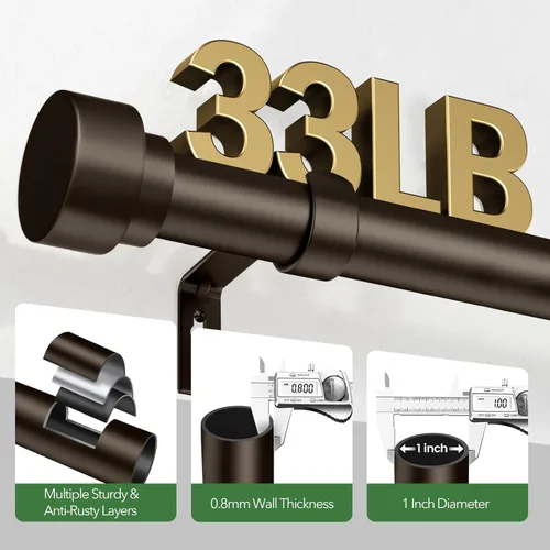 Vista 4 de Barras de cortina para ventanas de 28 a 48, barra de cortina larga ajustable de 1 pulgada para patio, barras de cortina con tapas de extremo Bronce