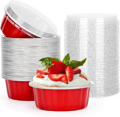Vista 14 de Beasea Tazas de Ramekin de Aluminio con Tapa, 50 Unidades 6.1oz 180ml Mini Ramekins Desechables de Aluminio para Horno, Tazas Redondas para Cupcakes