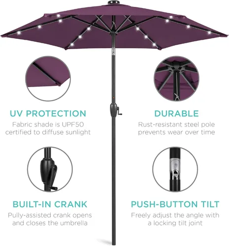 Vista 5 de Best Choice Products 7.5ft Outdoor Solar Patio Umbrella for Deck, Pool w/Tilt, Crank, LED Lights