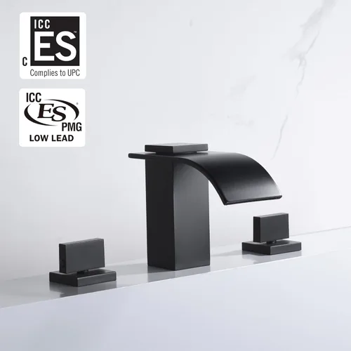 Vista 2 de sumerain Grifo de bañera de cascada negro Montaje en cubierta Grifo de bañera de 3 agujeros con válvula