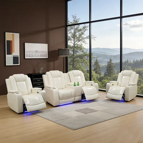 Vista 37 de Juego de sofá reclinable eléctrico para sala de estar, juego de sofá reclinable de pana con luces LED, puertos USB, almacenamiento oculto, juego
