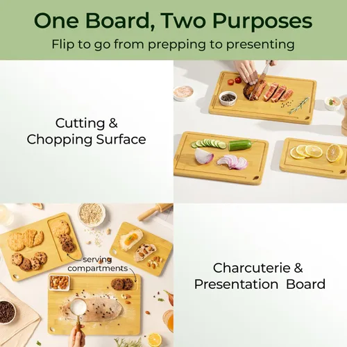 Vista 3 de Keechee Tabla de Cortar de Madera para Cocina - Juego de Regalo de 3 Tablas de Cortar Reversibles de Bambú con Ranura para Jugos, Tabla de Cortar