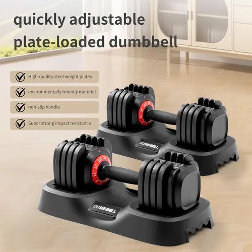 Vista 9 de Juego de mancuernas ajustables con 10 niveles de peso, mango antideslizante, sistema de ajuste rápido de peso, placas de acero endurecido, diseño