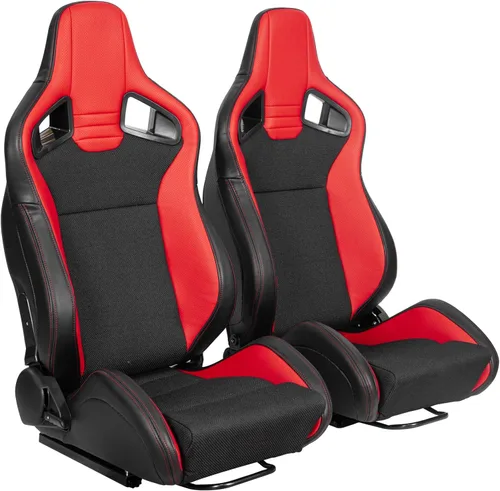 Par universal de asientos de carreras, serie V2, cuero de PVC rojo, malla negra, centro de tela brillante, asientos reclinables deportivos para