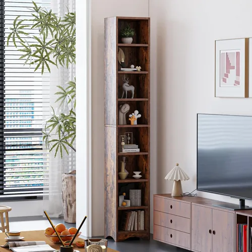 Vista 3 de VECELO 8-Tier Tall Narrow Bookshelf, Elevated Base with 6 Adjustable Shelves, Slim Space-Saving Storage Rack for Living Room Bedroom-Brown