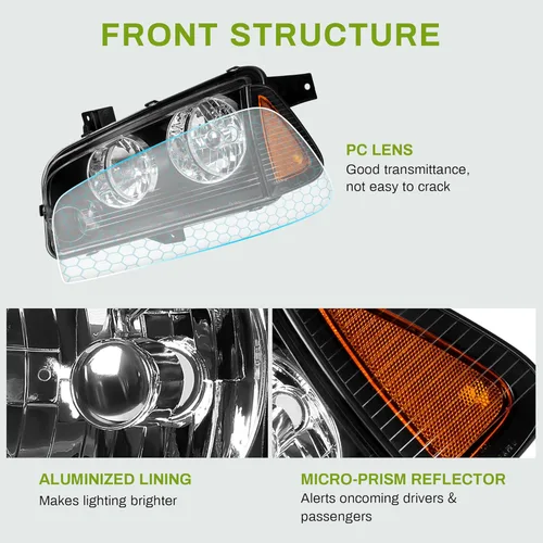 Vista 4 de AUTOSAVER88 Conjunto de faros delanteros compatible con Dodge Charger 2006-2010, carcasa negra, reflector ámbar con luces de señal de esquina