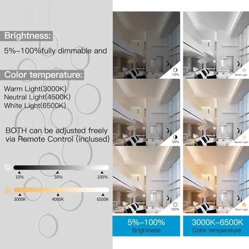 Vista 6 de Candelabro moderno LED moderno de techo alto grande con control remoto de 12 anillos, lámpara de araña negra de altura ajustable para escaleras
