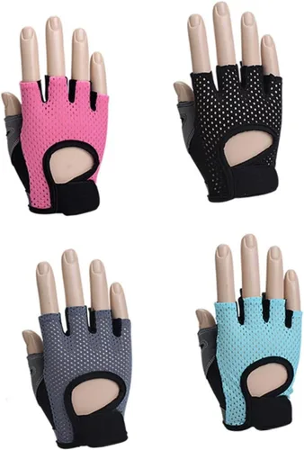 Vista 9 de PRETYZOOM Guantes de entrenamiento de medio dedo para mujer con palma de silicona antideslizante, transpirables, absorben el sudor