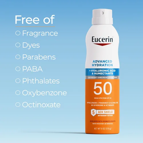 Vista 6 de Eucerin Advanced Hydration SPF 50 Sunscreen Spray, Lightweight Spray Sunscreen with Hyaluronic Acid and Humectants, Hypoallergenic, Fragrance and