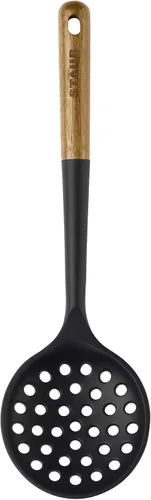 STAUB Juego de cuchara de servir y cuchara espumadora, lados de cuchara, servir guisos y colar caldo con silicona duradera sin BPA y asas de madera