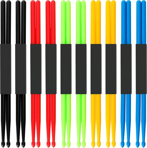 MUKCHAP 10 pares de baquetas de nailon 5A, baquetas de ejercicio de plástico antideslizante, baquetas multicolor para percusión de instrumentos,