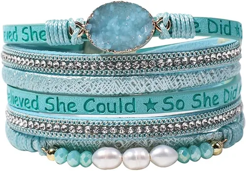Vista 15 de Artilady Leather Wrap Bracelet for Women, Pearl Beaded Bangle Stack Jewelry Negro