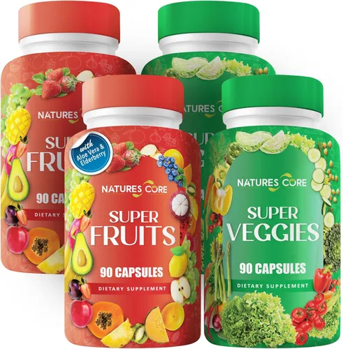 Nature's Core Suplemento de frutas y verduras – 360 cápsulas – 100% súper frutas y verduras enteras, fabricado en Estados Unidos, sin soja, vegano,