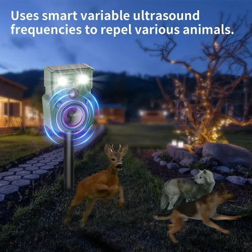 Vista 2 de Repelente solar ultrasónico de animales para patio IP65, repelente de animales, sensor de movimiento ultrasónico para exteriores, sensor